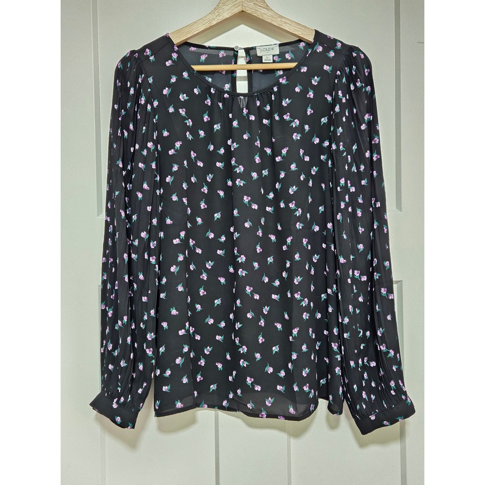 J.Crew Womens Large Black Purple Floral Blouse Pleated Sleeve Keyhole Back